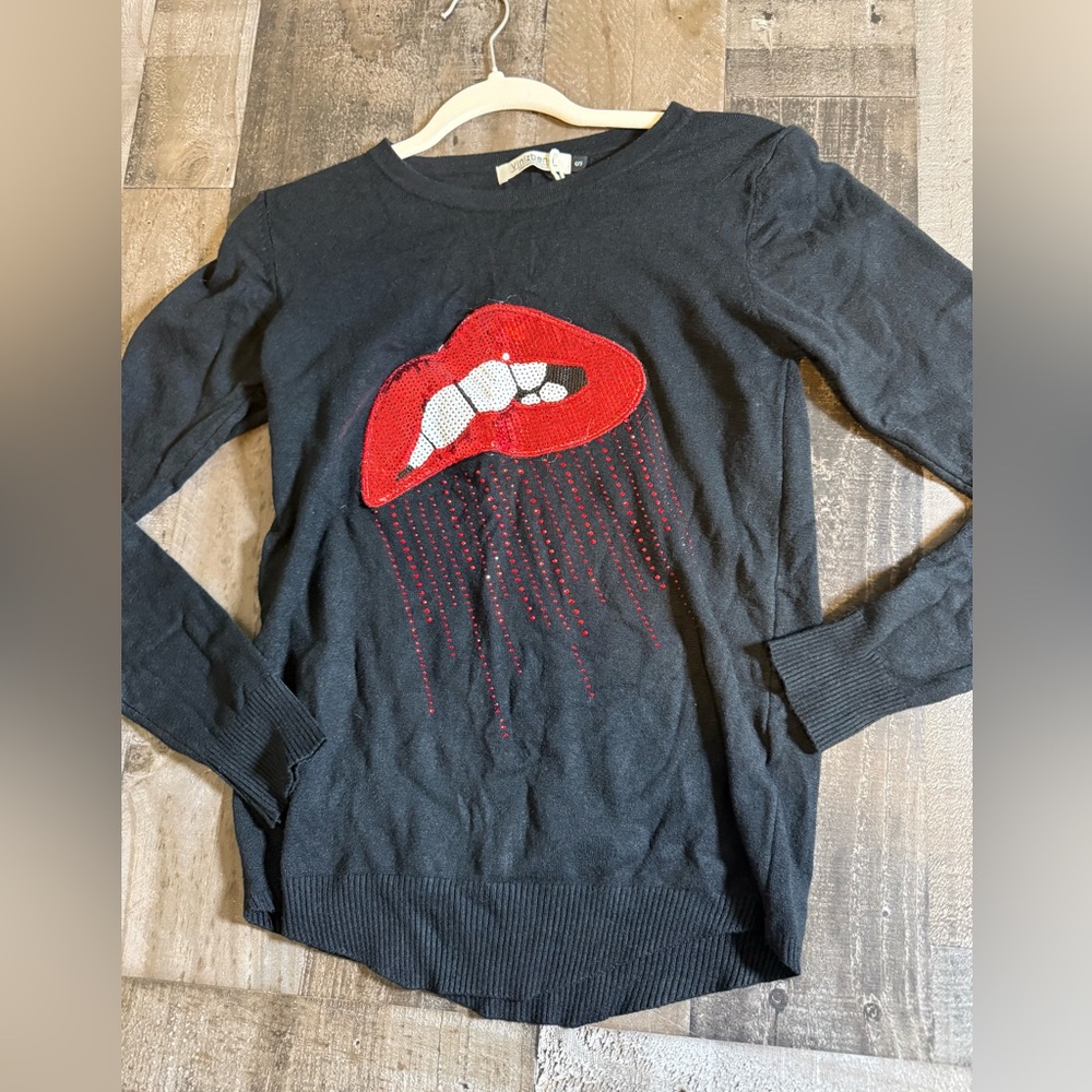 Vinizbena Sequin Lips Sweater Black Graphic Knit Top‎ Rhinestone Y2K Small NWT
